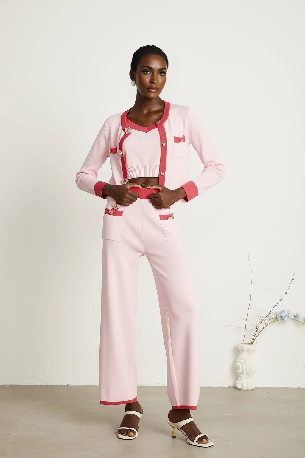 Carlotta Cardigan, Vest & Trousers Set - Round Neck - Front Button Fastening - V - Neck - Knitted Construction
