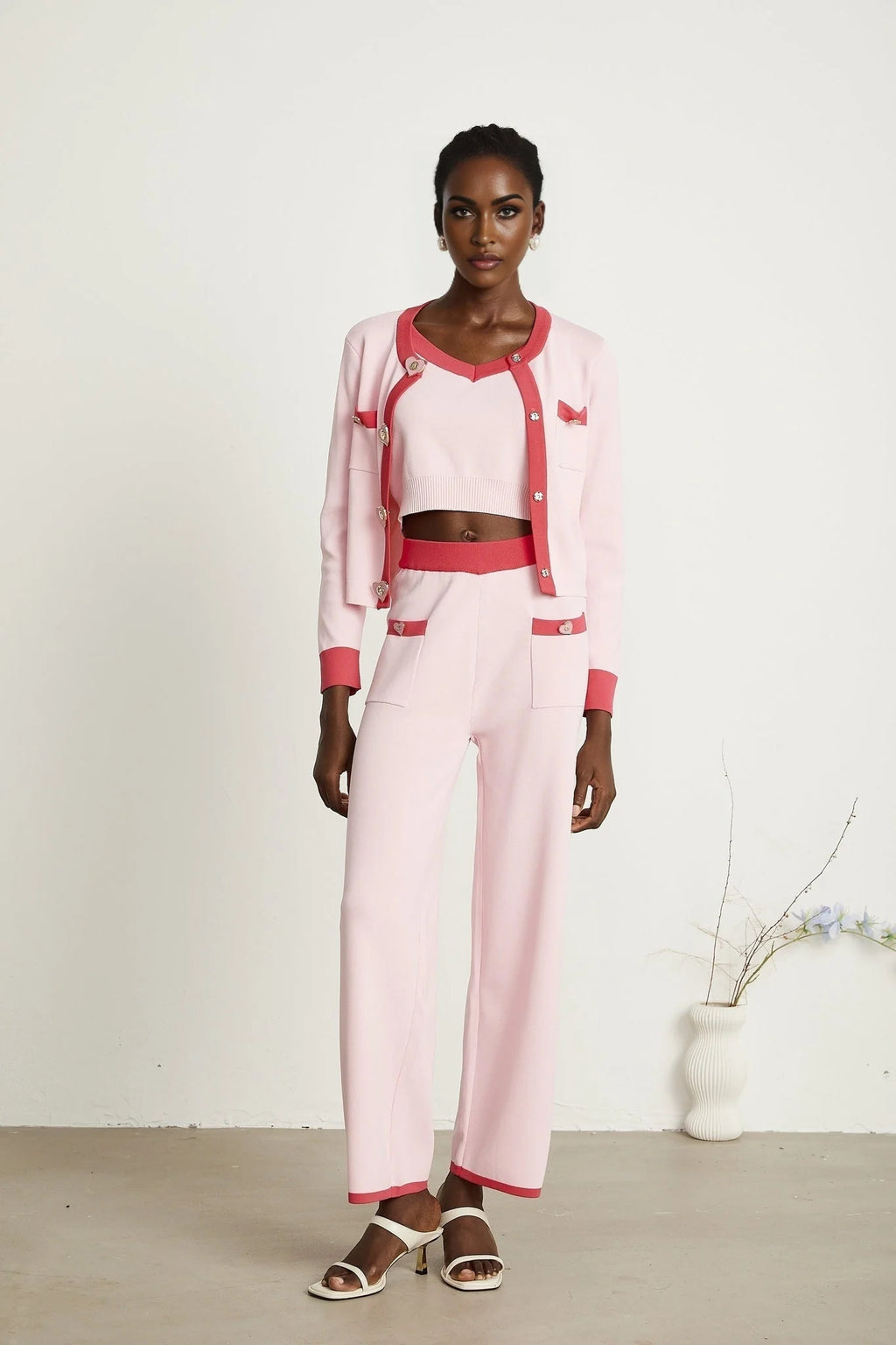 Carlotta Cardigan, Vest & Trousers Set - Round Neck - Front Button Fastening - V - Neck - Knitted Construction