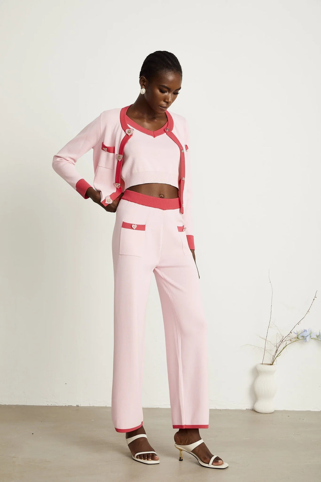 Carlotta Cardigan, Vest & Trousers Set - Round Neck - Front Button Fastening - V - Neck - Knitted Construction