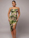 Carlotta Midi Dress - Stand Collar - Pencil Hem - Ruched Details - Elegant Style