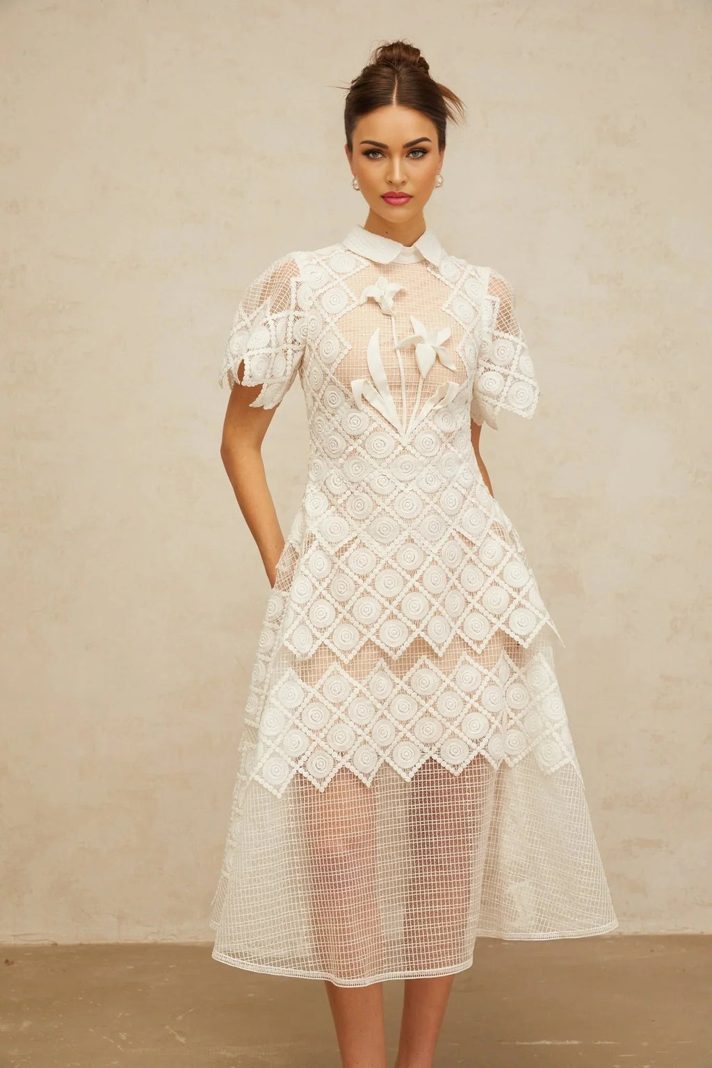 Carlotta Midi Dress White Floral Embroidered Tulle Sheer Cut - out & Cinched