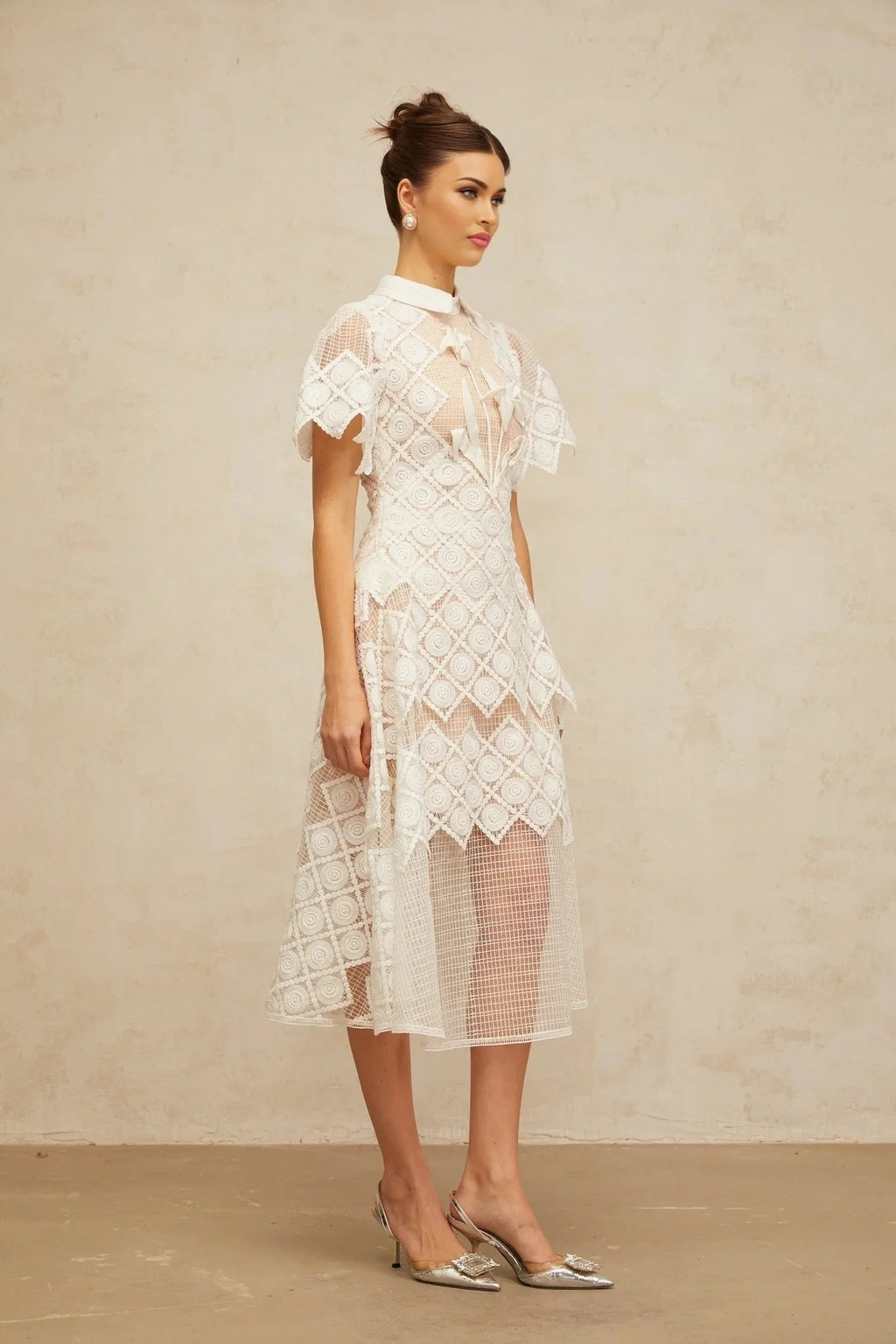 Carlotta Midi Dress White Floral Embroidered Tulle Sheer Cut - out & Cinched
