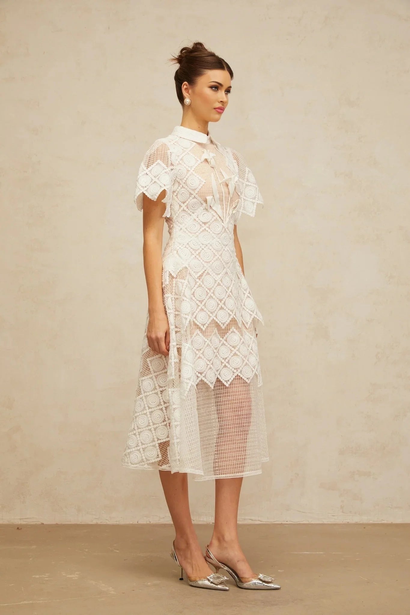 Carlotta Midi Dress White Floral Embroidered Tulle Sheer Cut - out & Cinched