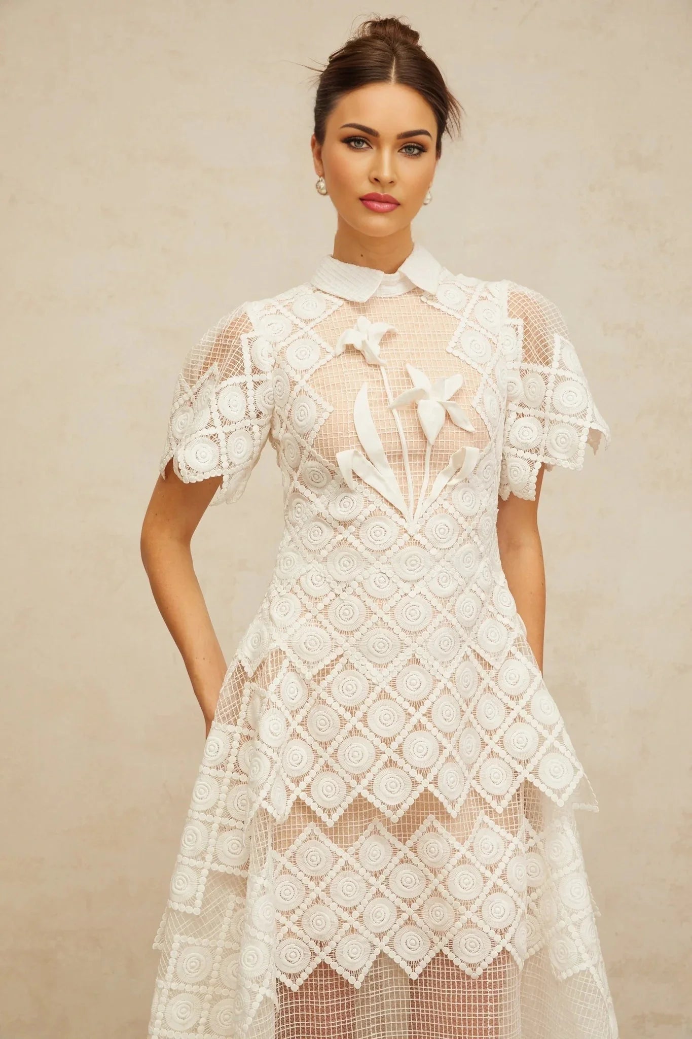 Carlotta Midi Dress White Floral Embroidered Tulle Sheer Cut - out & Cinched