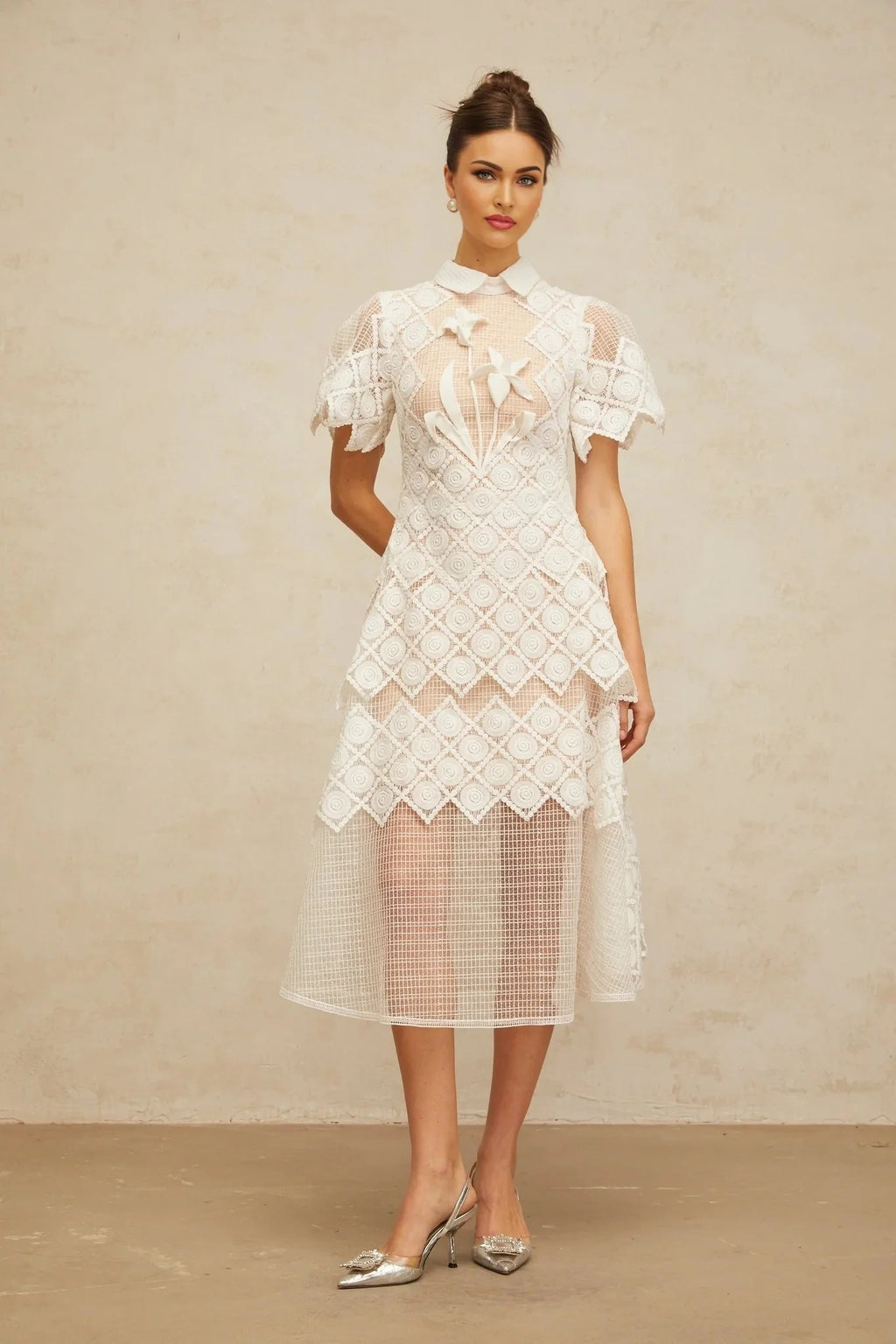 Carlotta Midi Dress White Floral Embroidered Tulle Sheer Cut - out & Cinched