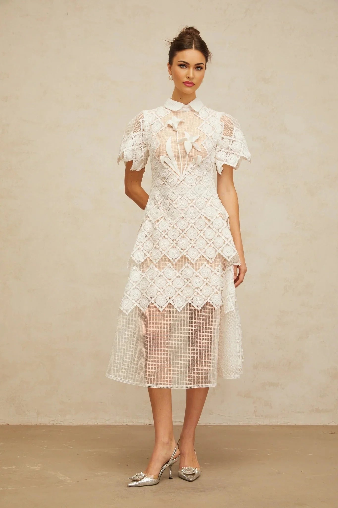 Carlotta Midi Dress White Floral Embroidered Tulle Sheer Cut - out & Cinched