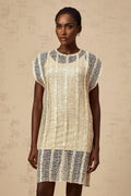Carlotta Mini Dress Gold Sequin Cut - Out Basket Weave Shift & Slip Thigh - Length