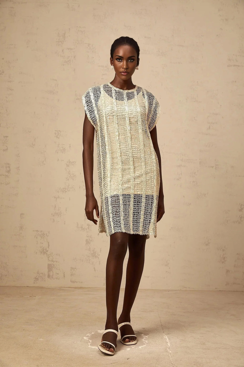 Carlotta Mini Dress Gold Sequin Cut - Out Basket Weave Shift & Slip Thigh - Length