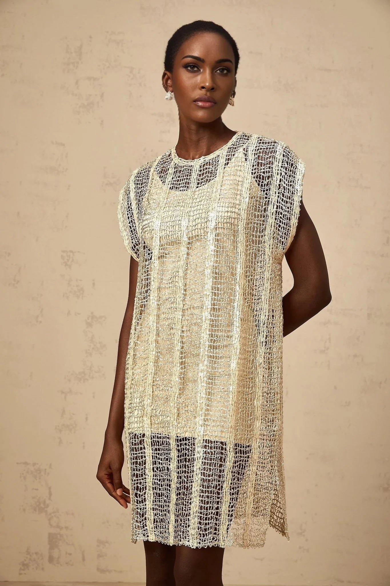 Carlotta Mini Dress Gold Sequin Cut - Out Basket Weave Shift & Slip Thigh - Length