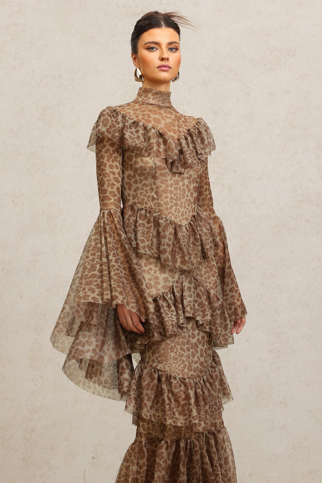 Carly Brown Leopard Print Maxi Dress with Bell Sleeves and Ruffles