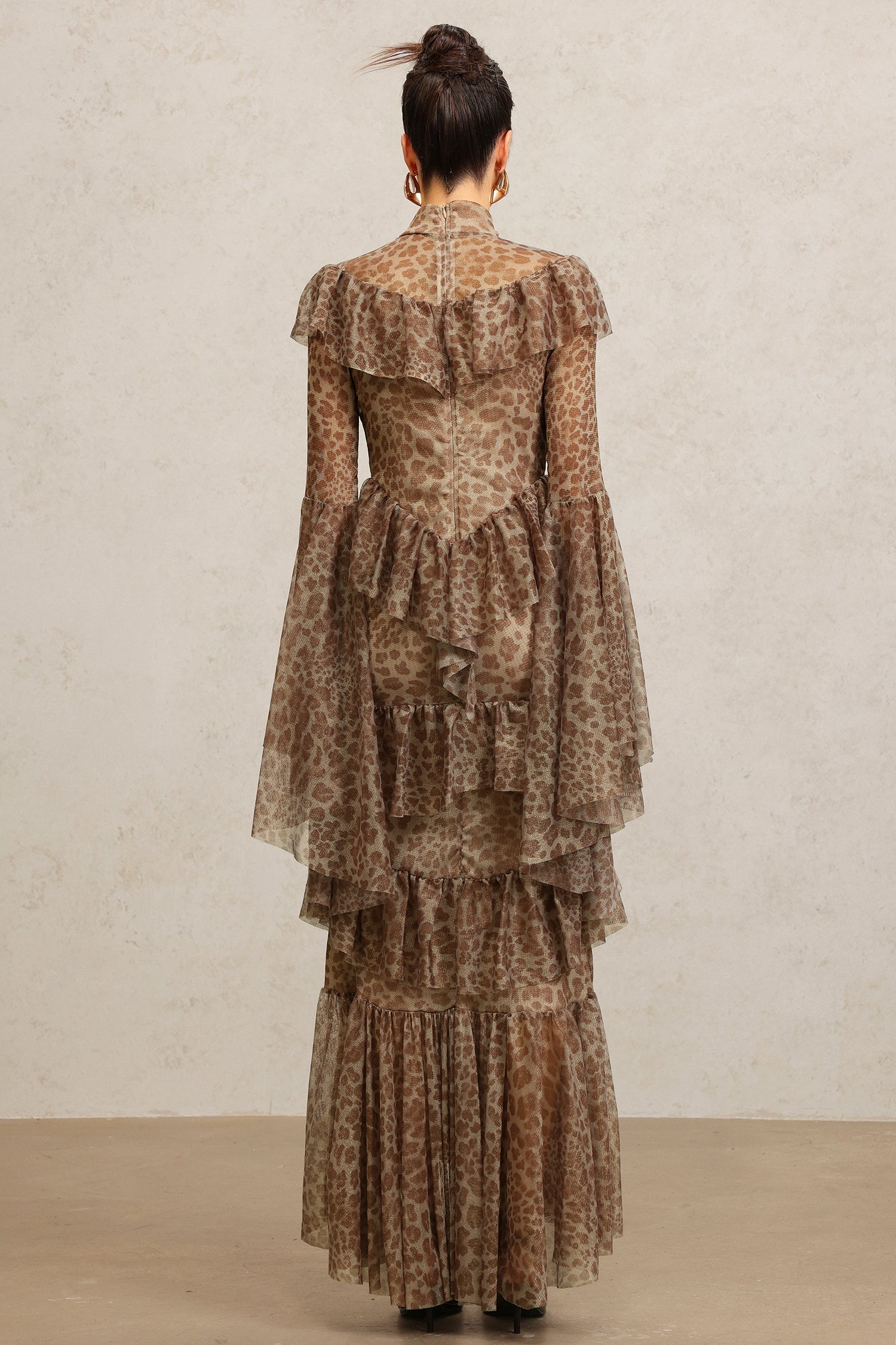 Carly Brown Leopard Print Maxi Dress with Bell Sleeves and High Neckline
