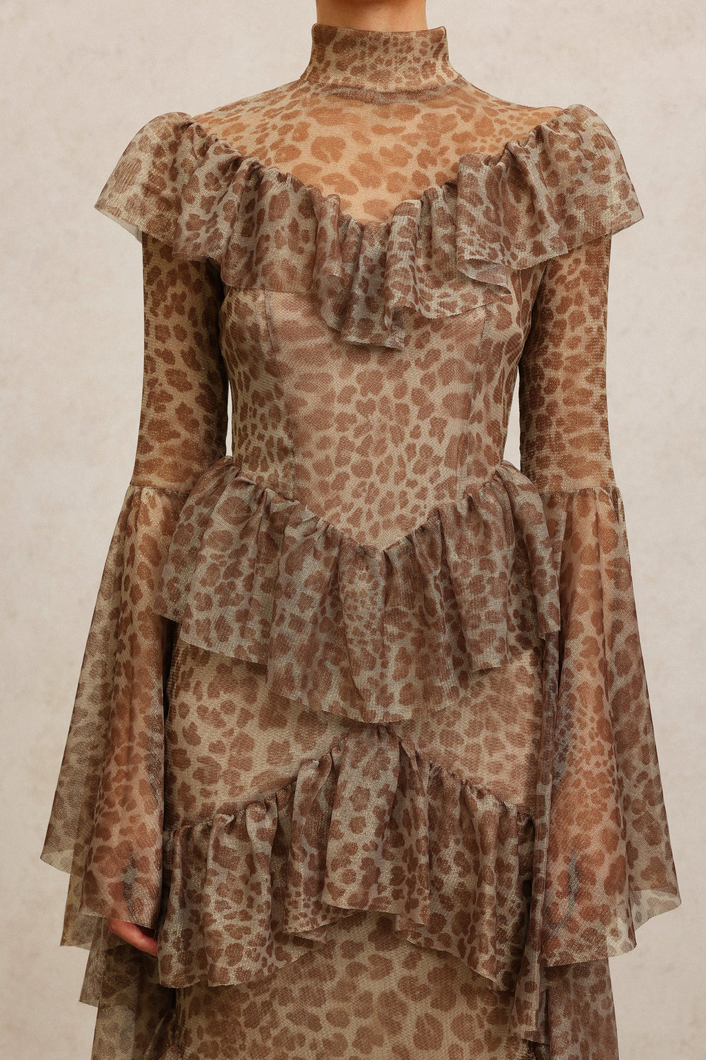Carly Brown Leopard Print Maxi Dress with Bell Sleeves and Ruffles