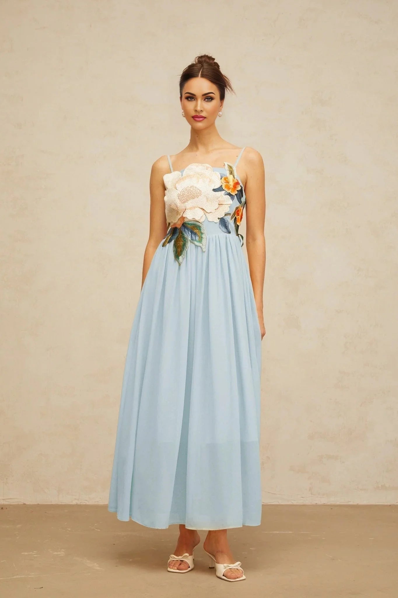 Carly Maxi Dress Blue Floral Embroidered Shirred Square Neck & Sleeveless
