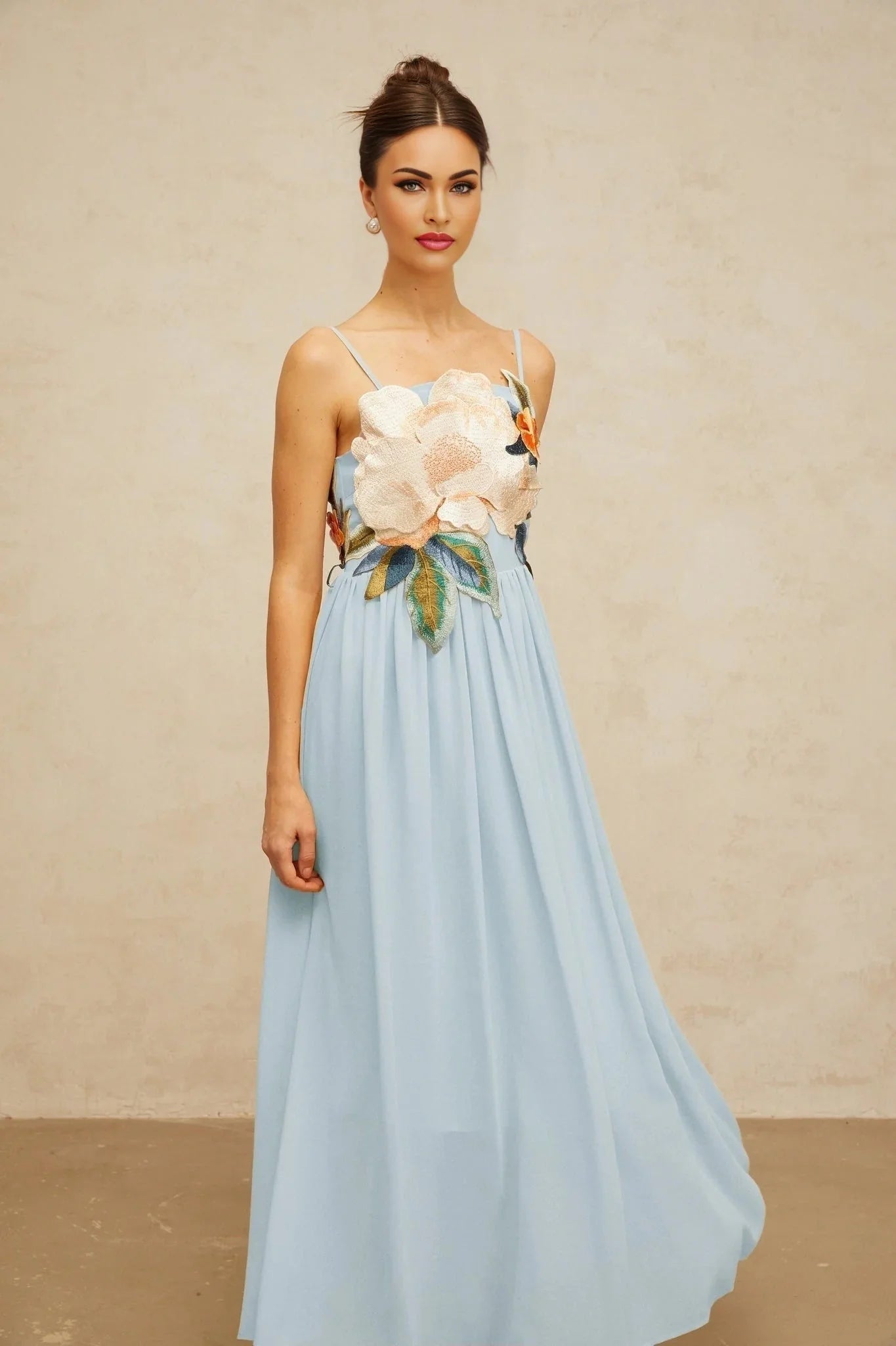 Carly Maxi Dress Blue Floral Embroidered Shirred Square Neck & Sleeveless