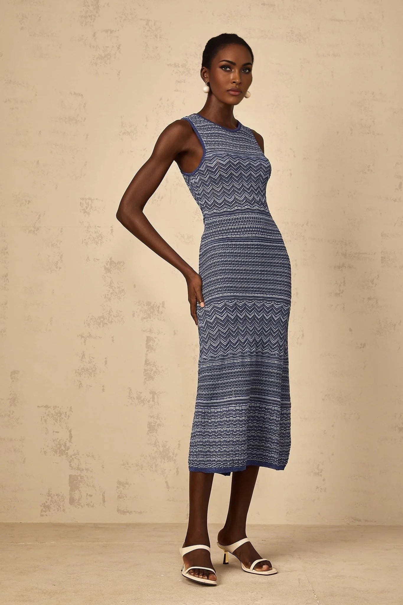 Carly Midi Dress Blue Wavy Crochet Knit Slit Hem & Metallic Thread