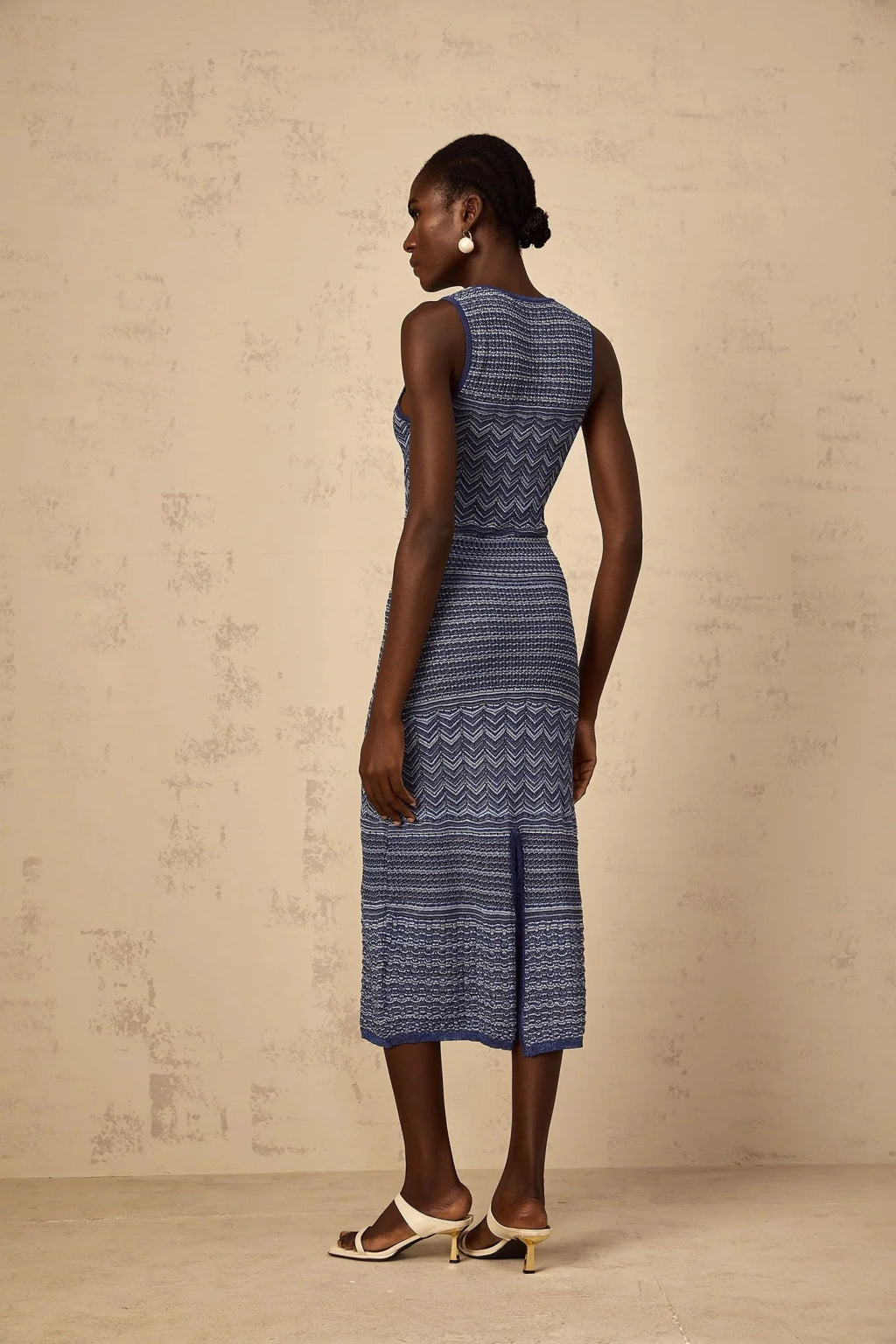 Carly Midi Dress Blue Wavy Crochet Knit Slit Hem & Metallic Thread