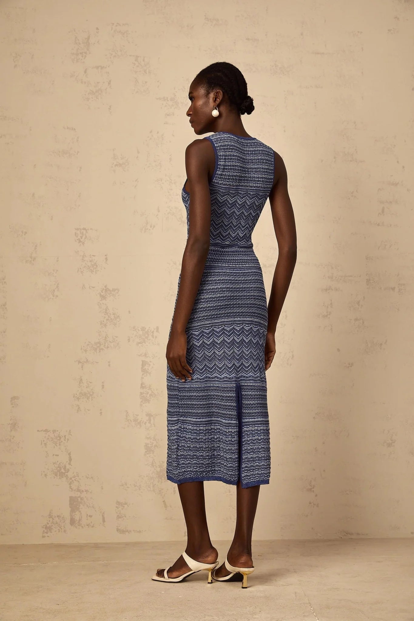 Carly Midi Dress Blue Wavy Crochet Knit Slit Hem & Metallic Thread