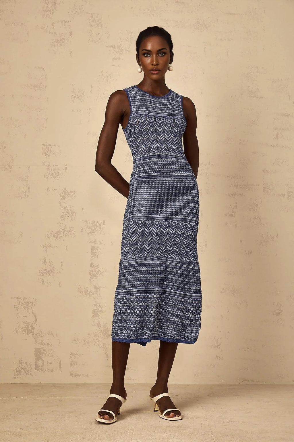 Carly Midi Dress Blue Wavy Crochet Knit Slit Hem & Metallic Thread