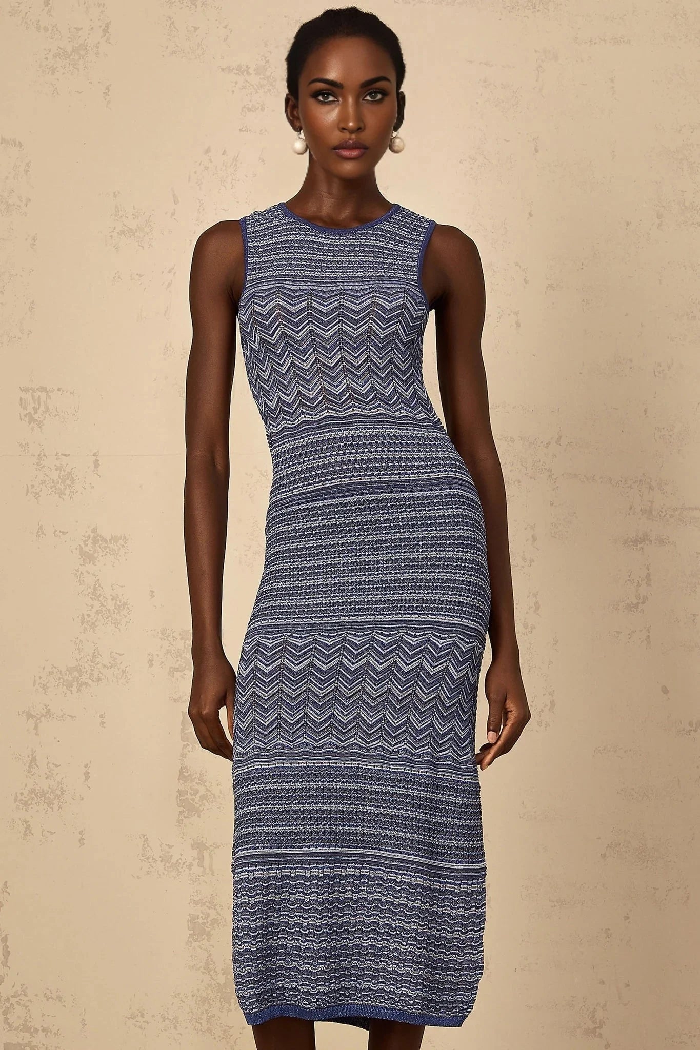 Carly Midi Dress Blue Wavy Crochet Knit Slit Hem & Metallic Thread