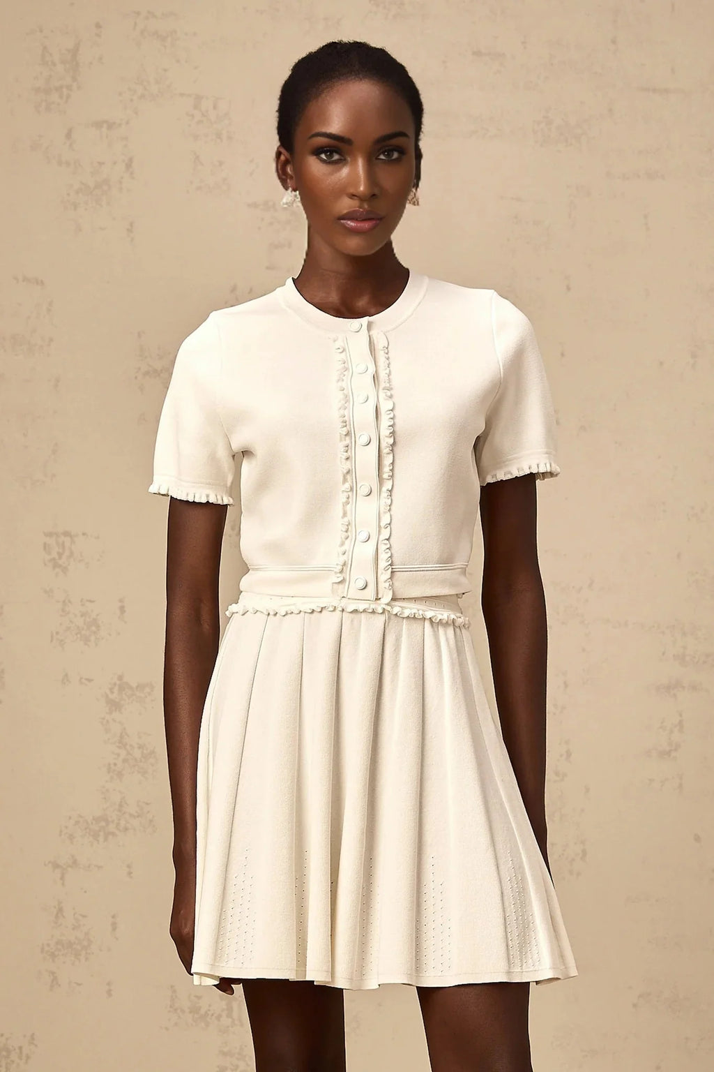 Carly Top & Skirt Set White Knit Ruffled Trim Pleated Elastic Waistband