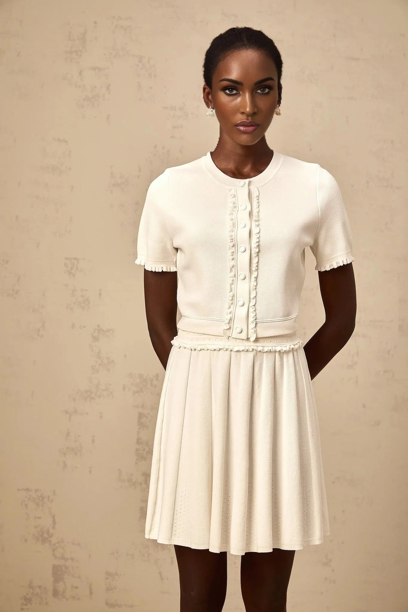 Carly Top & Skirt Set White Knit Ruffled Trim Pleated Elastic Waistband