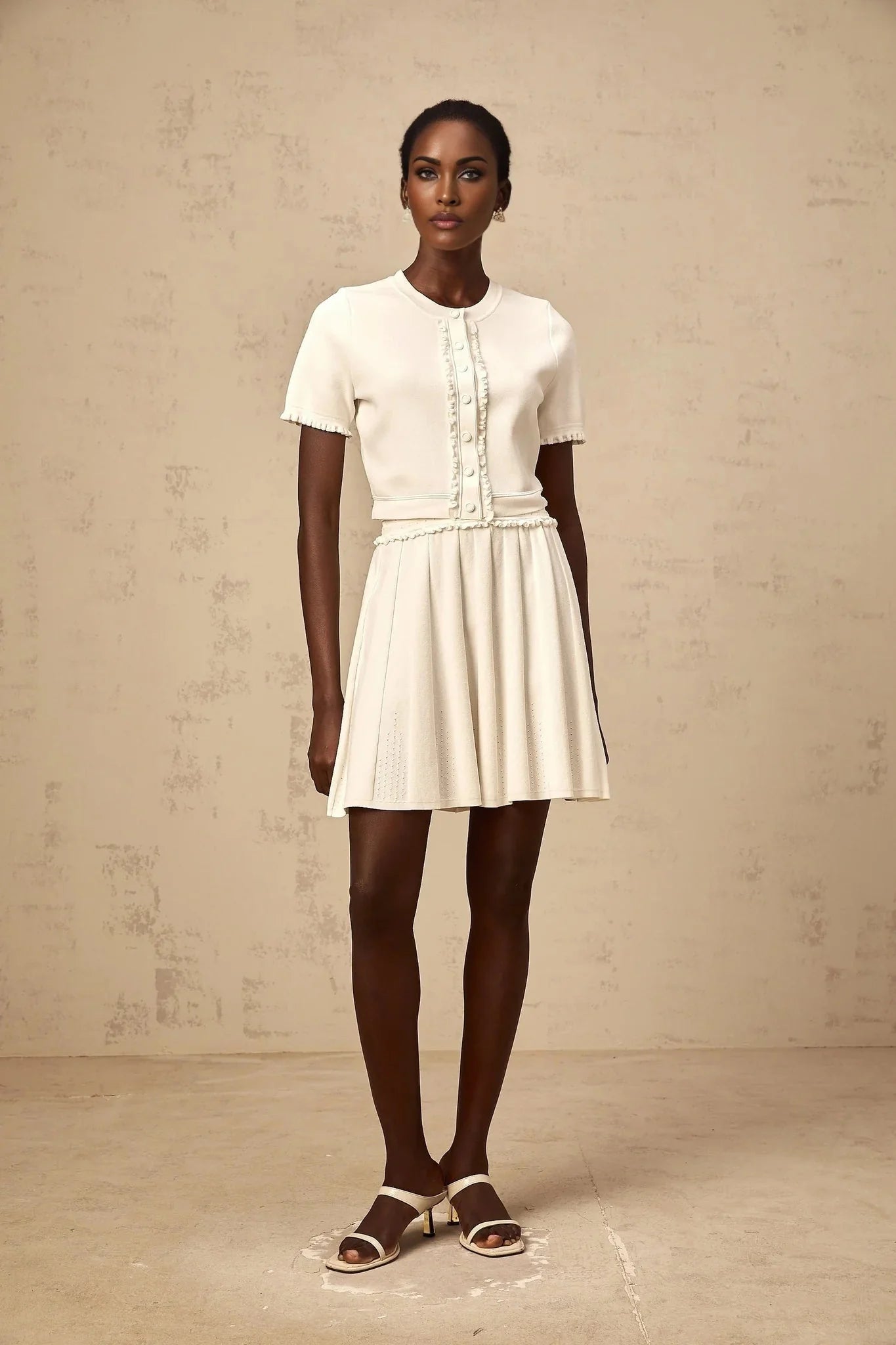 Carly Top & Skirt Set White Knit Ruffled Trim Pleated Elastic Waistband