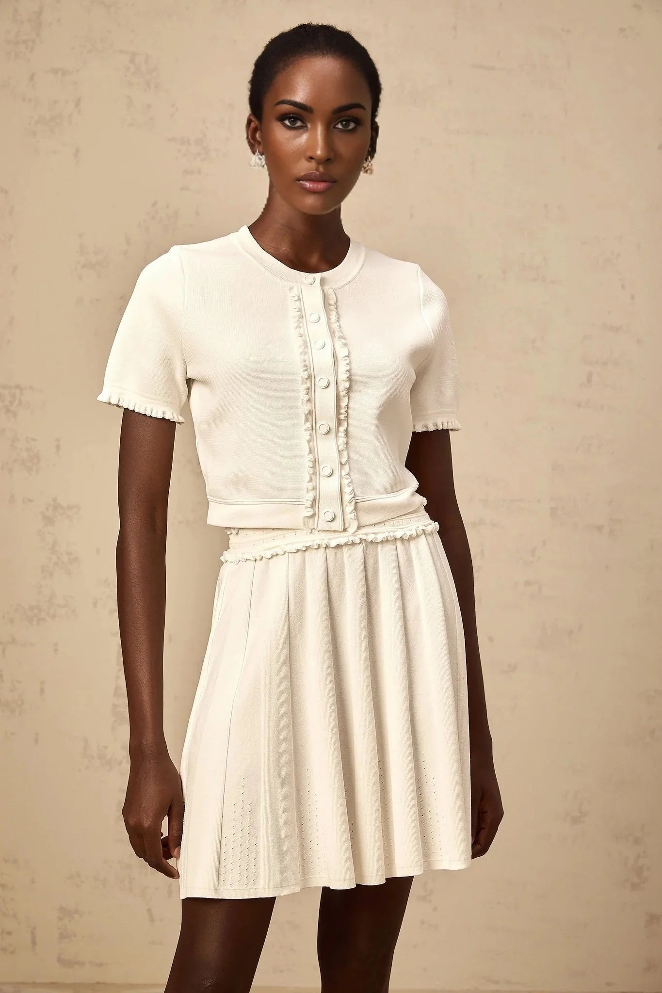 Carly Top & Skirt Set White Knit Ruffled Trim Pleated Elastic Waistband