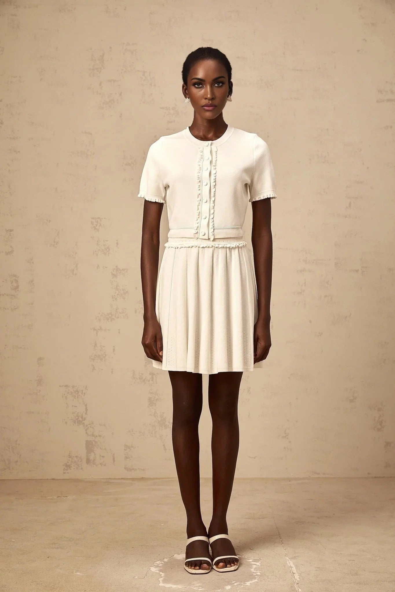 Carly Top & Skirt Set White Knit Ruffled Trim Pleated Elastic Waistband