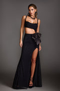 Carmela Black Maxi Dress with High Slit and Chic Bow Detail