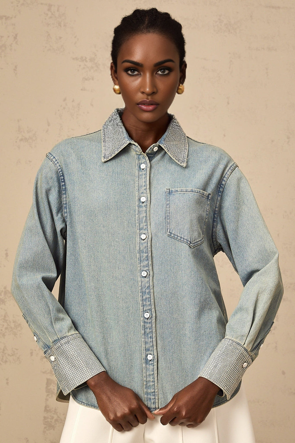 Carmela Denim Shirt - Classic Collar - Long Sleeves - Rhinestone Embellishments - Button Fastening