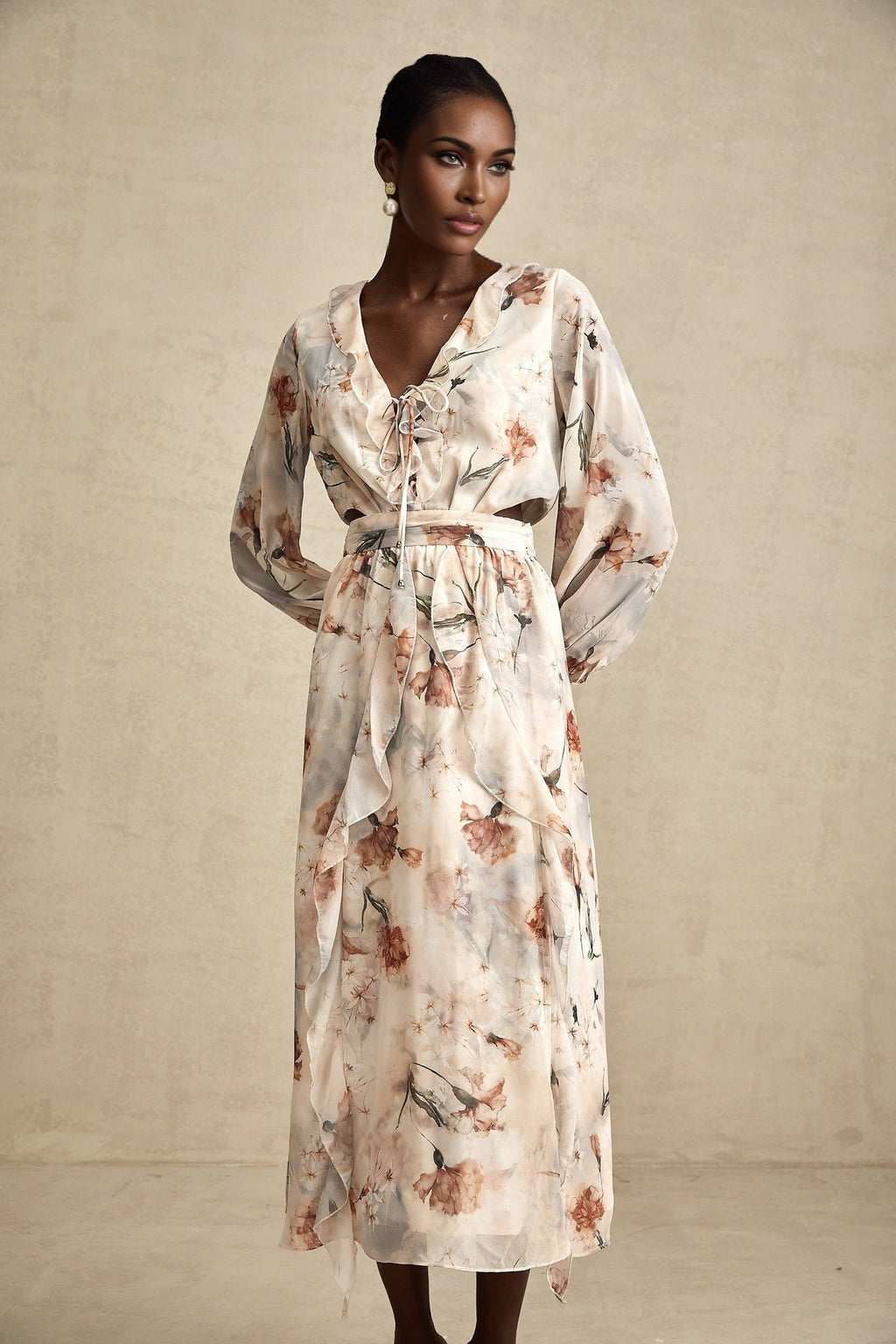 Carmela Floral Midi Dress - V - Neck with Tied Feature - Long Puff Sleeves - Open Waist with Ruffled Detailing - Subtle Side Slit