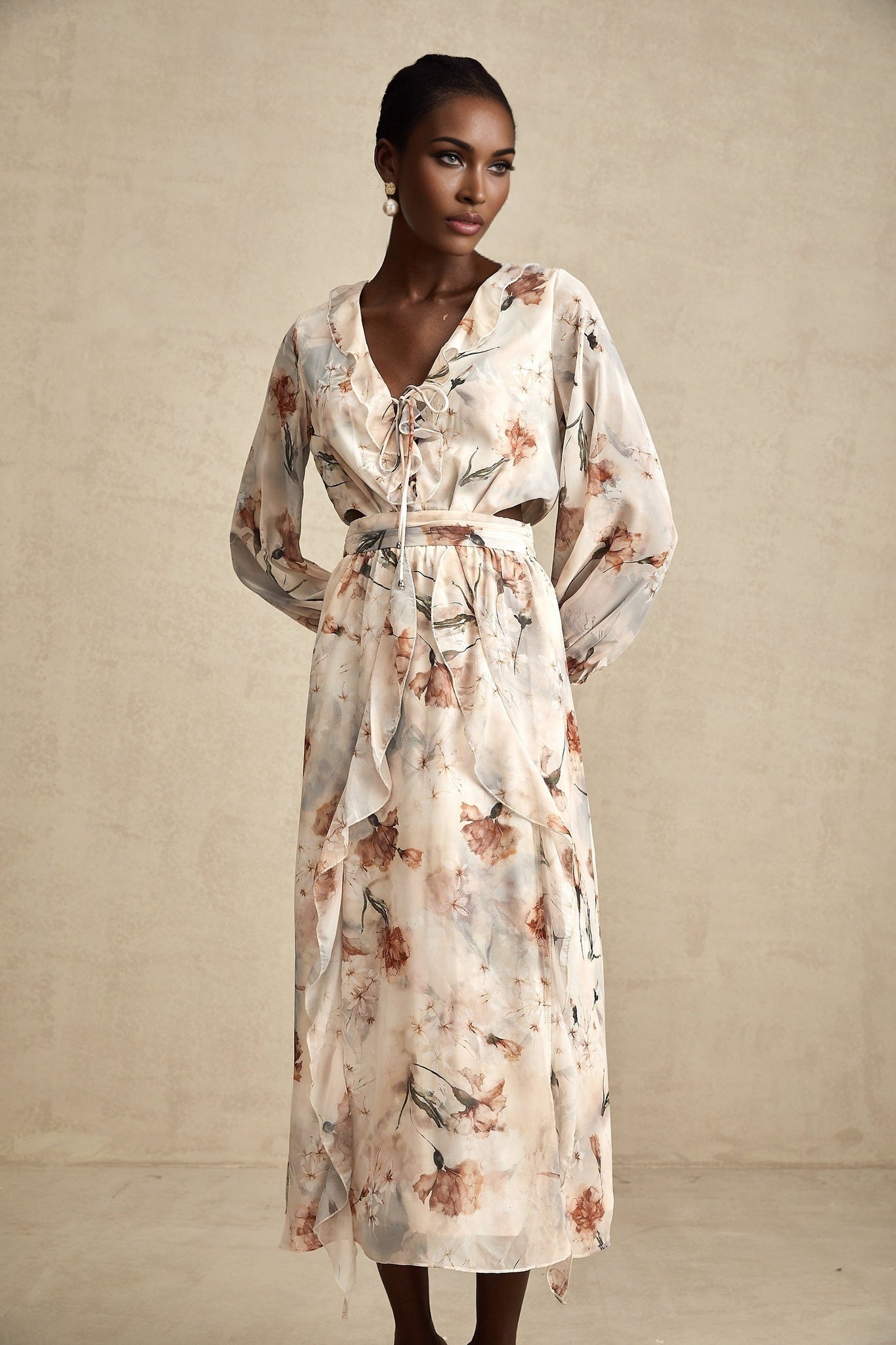 Carmela Floral Midi Dress - V - Neck with Tied Feature - Long Puff Sleeves - Open Waist with Ruffled Detailing - Subtle Side Slit