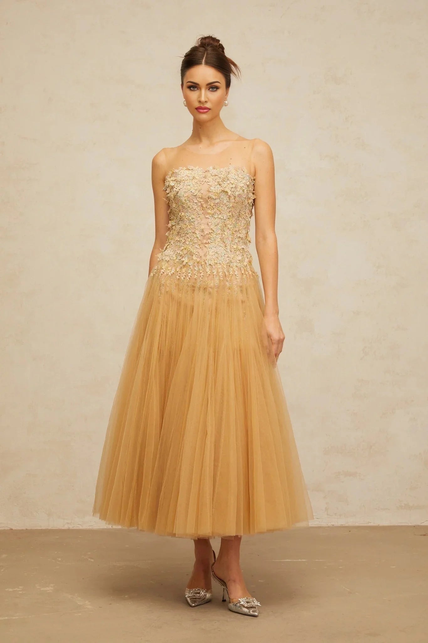 Carmela Midi Dress Sequined Tulle Floral Appliqu Pleated Skirt