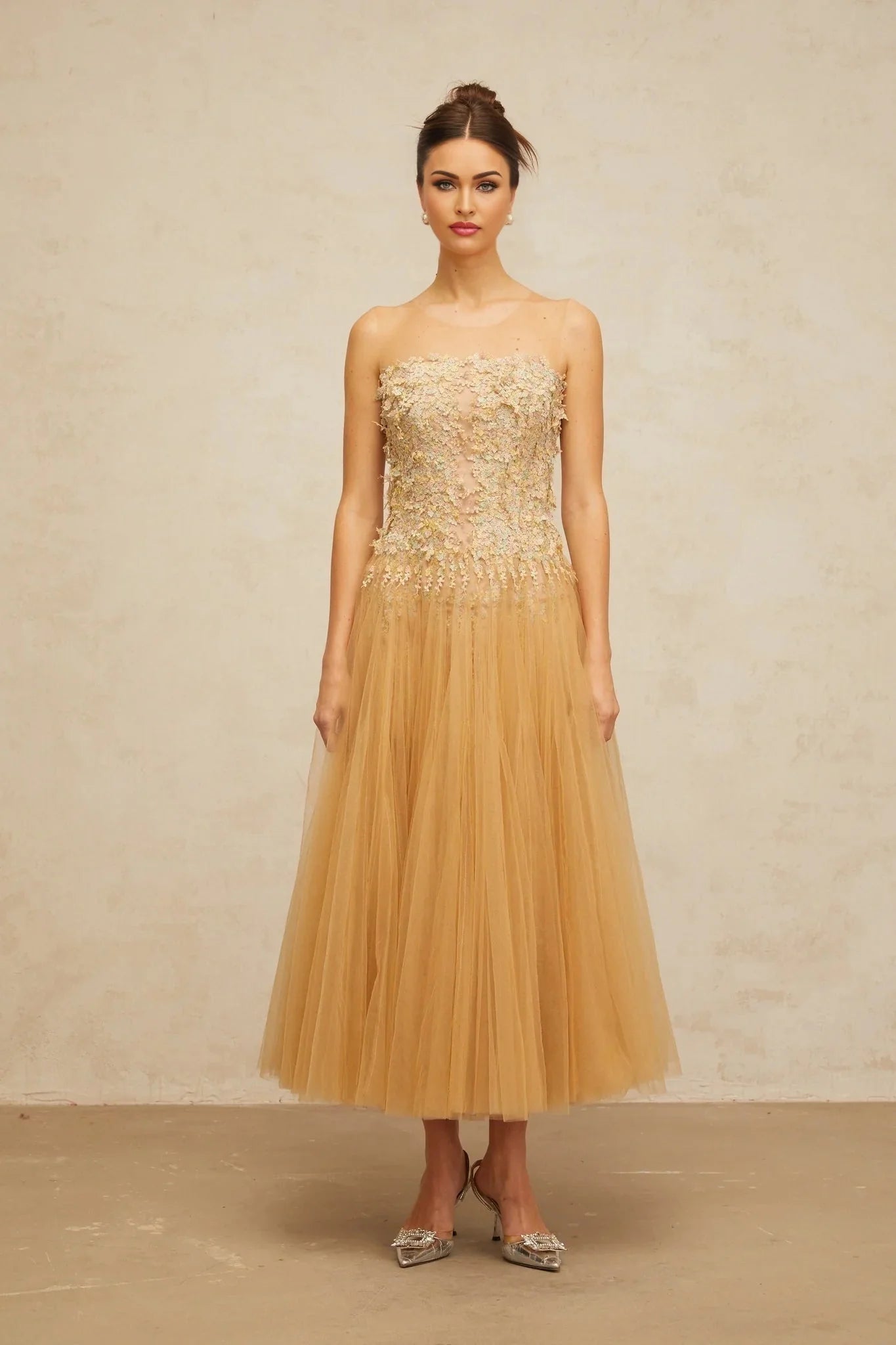 Carmela Midi Dress Sequined Tulle Floral Appliqu Pleated Skirt