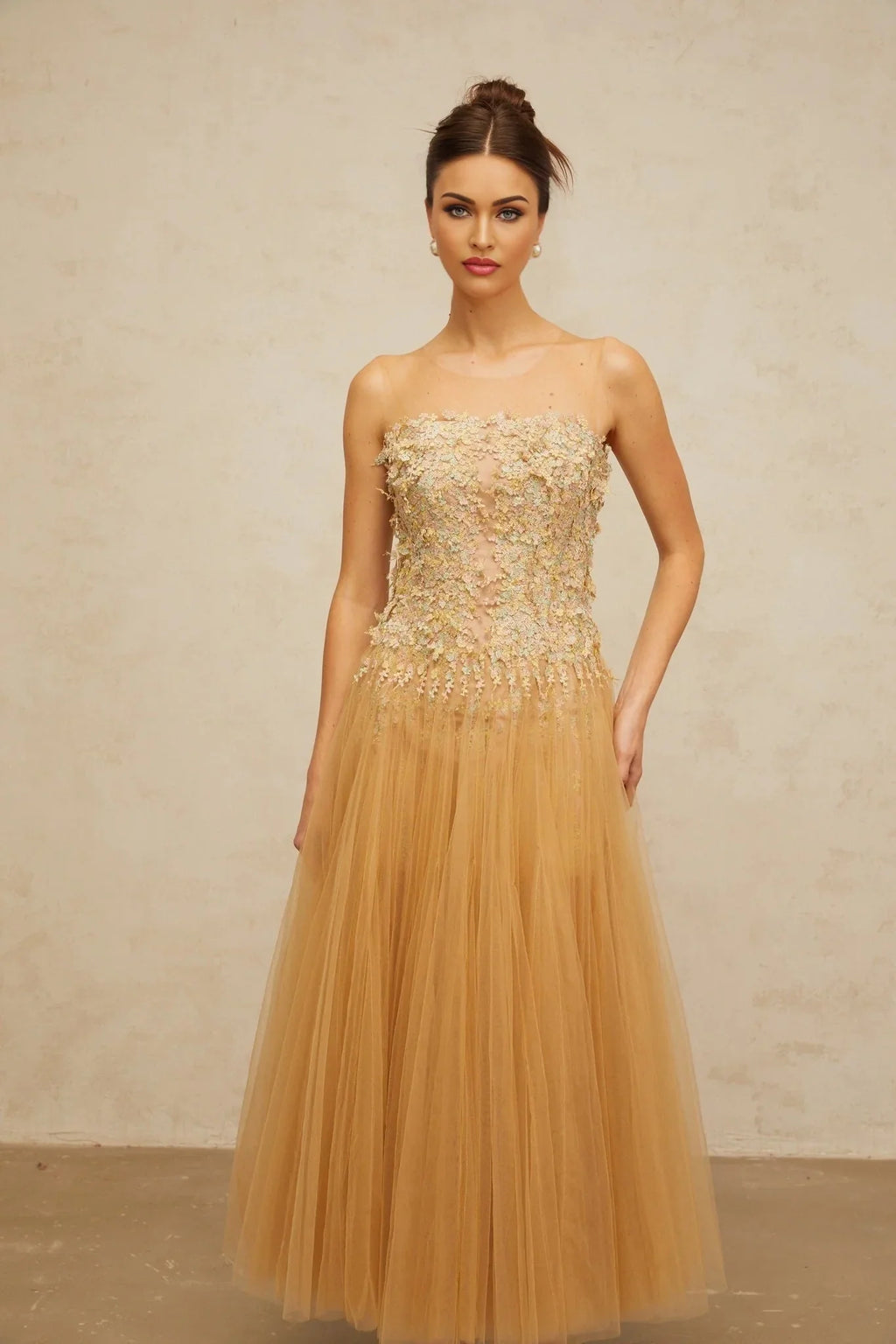 Carmela Midi Dress Sequined Tulle Floral Appliqu Pleated Skirt