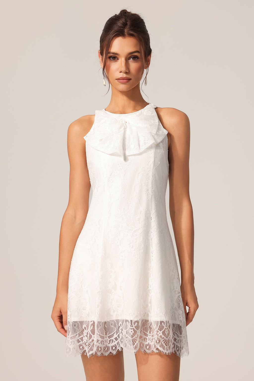 Carmela White Lace Overlay Ruffle Detail Knee-Length Dress