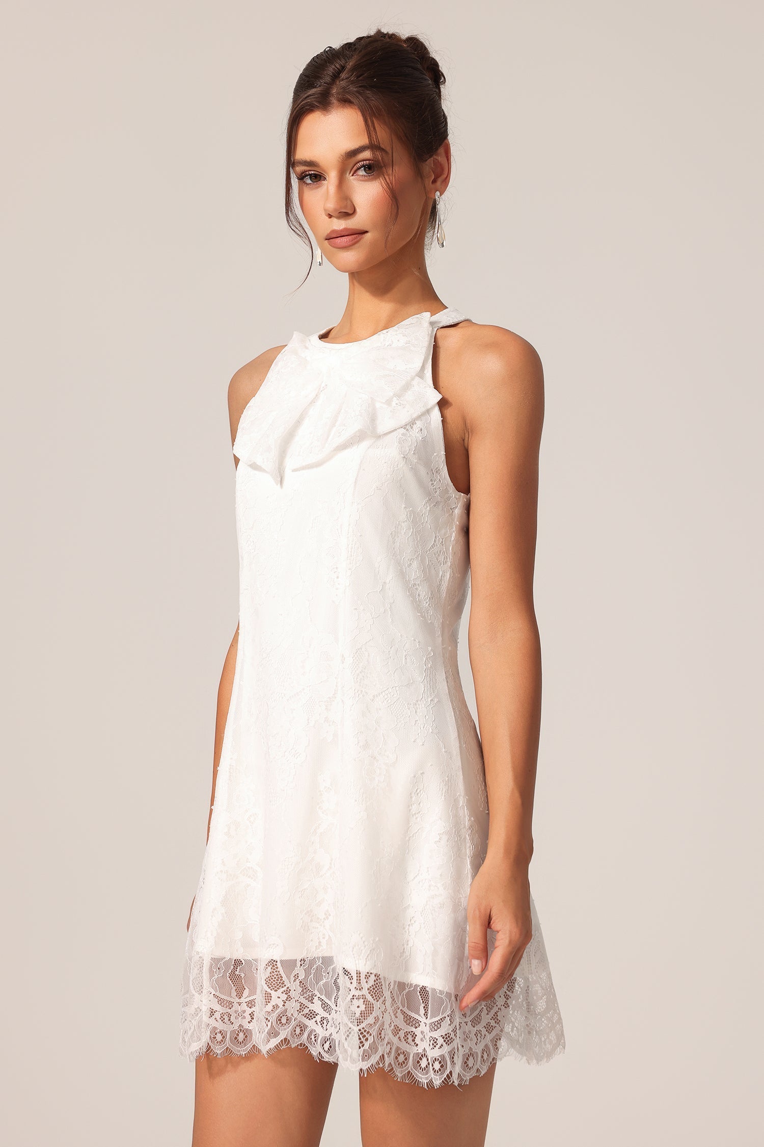 Carmela White Lace Overlay Ruffle Detail Knee-Length Dress