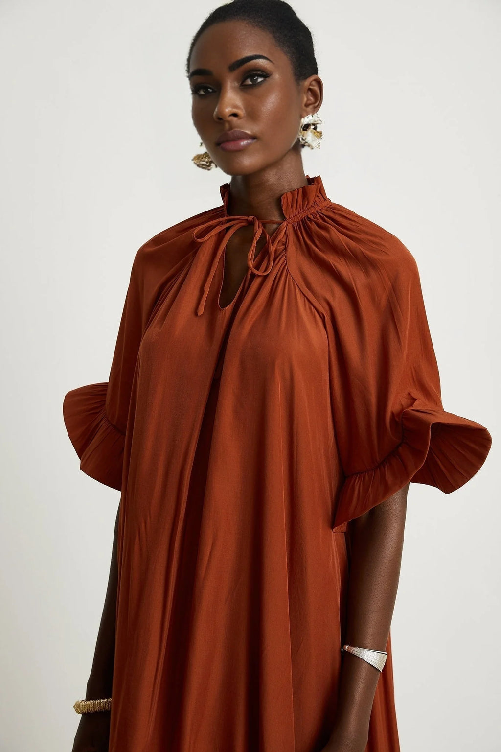 Carmelina Midi Dress - Frilled self - tie neck - Short sleeves - Shift style - Asymmetric hem