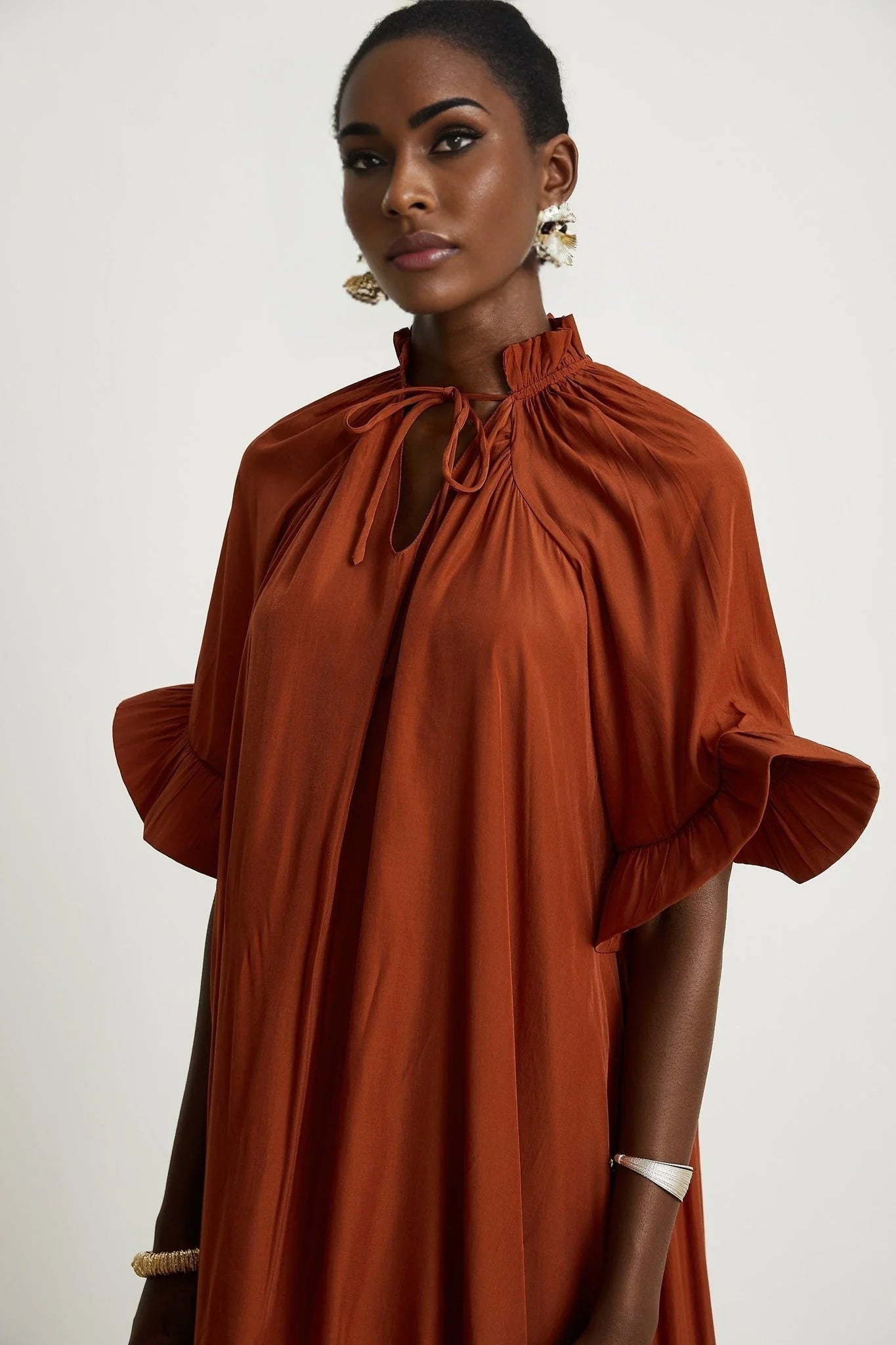 Carmelina Midi Dress - Frilled self - tie neck - Short sleeves - Shift style - Asymmetric hem