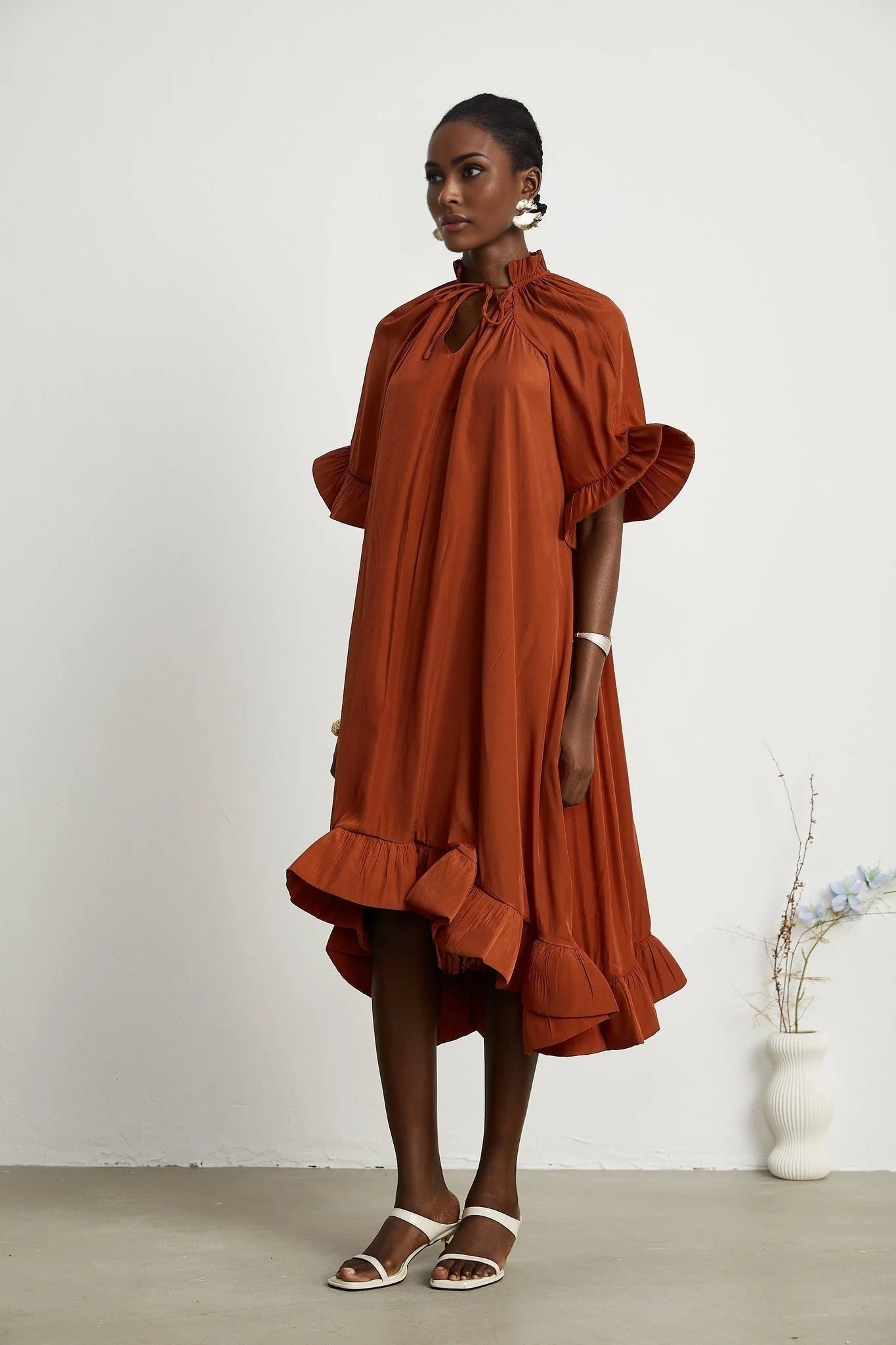 Carmelina Midi Dress - Frilled self - tie neck - Short sleeves - Shift style - Asymmetric hem
