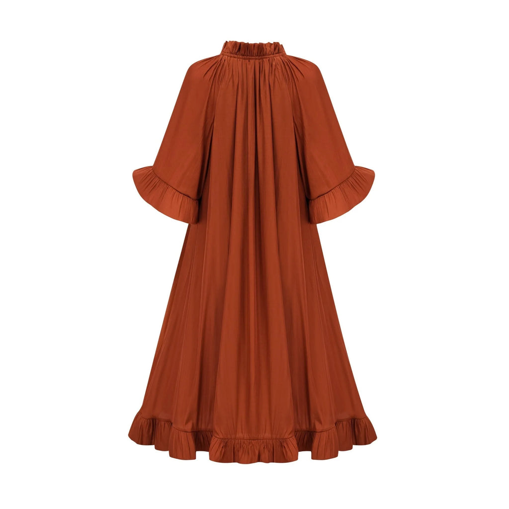Carmelina Midi Dress - Frilled self - tie neck - Short sleeves - Shift style - Asymmetric hem