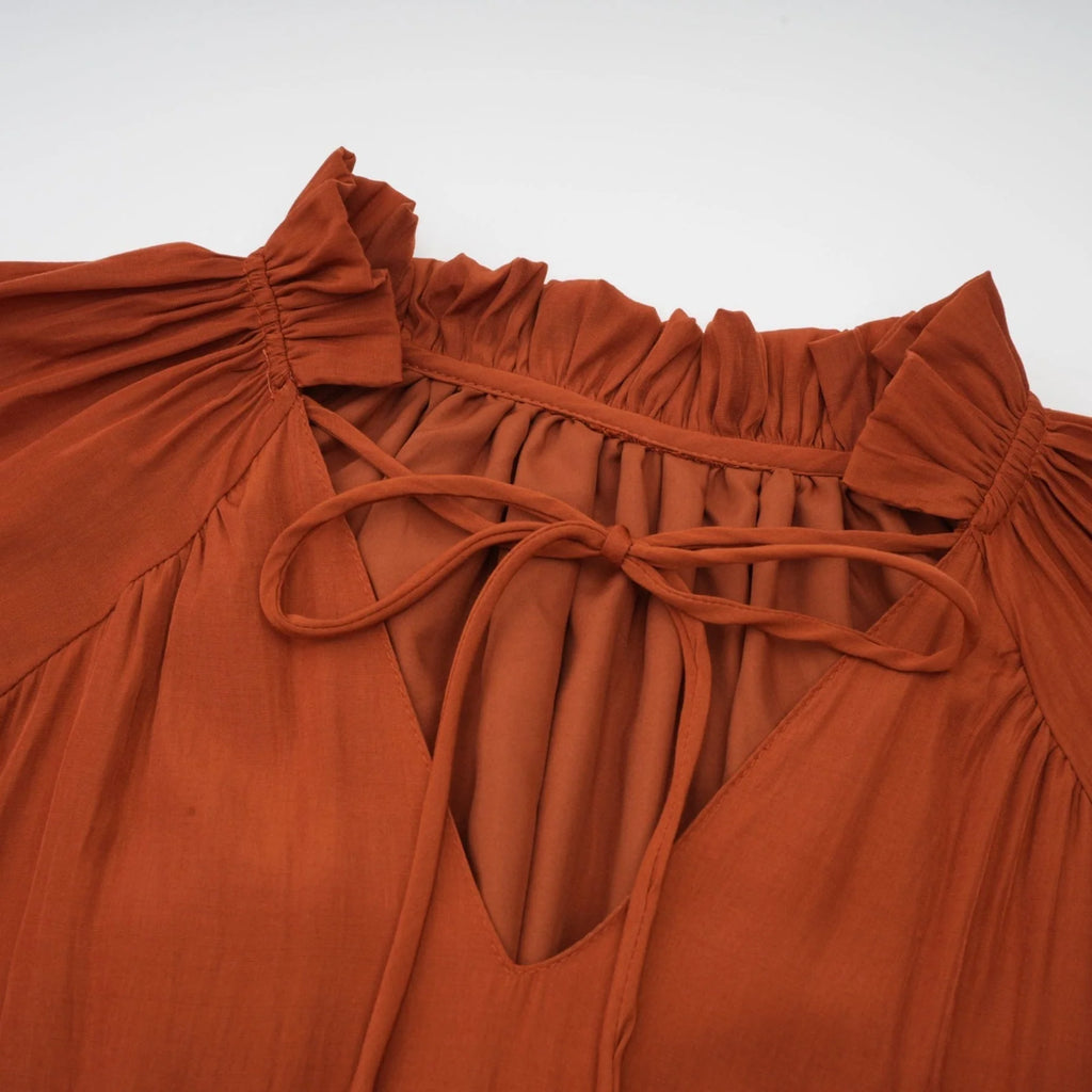 Carmelina Midi Dress - Frilled self - tie neck - Short sleeves - Shift style - Asymmetric hem