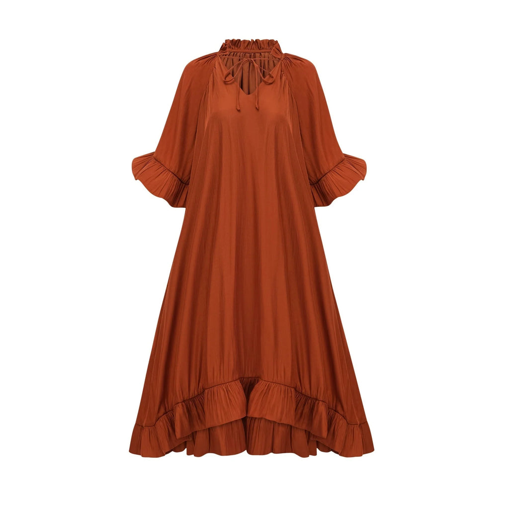 Carmelina Midi Dress - Frilled self - tie neck - Short sleeves - Shift style - Asymmetric hem
