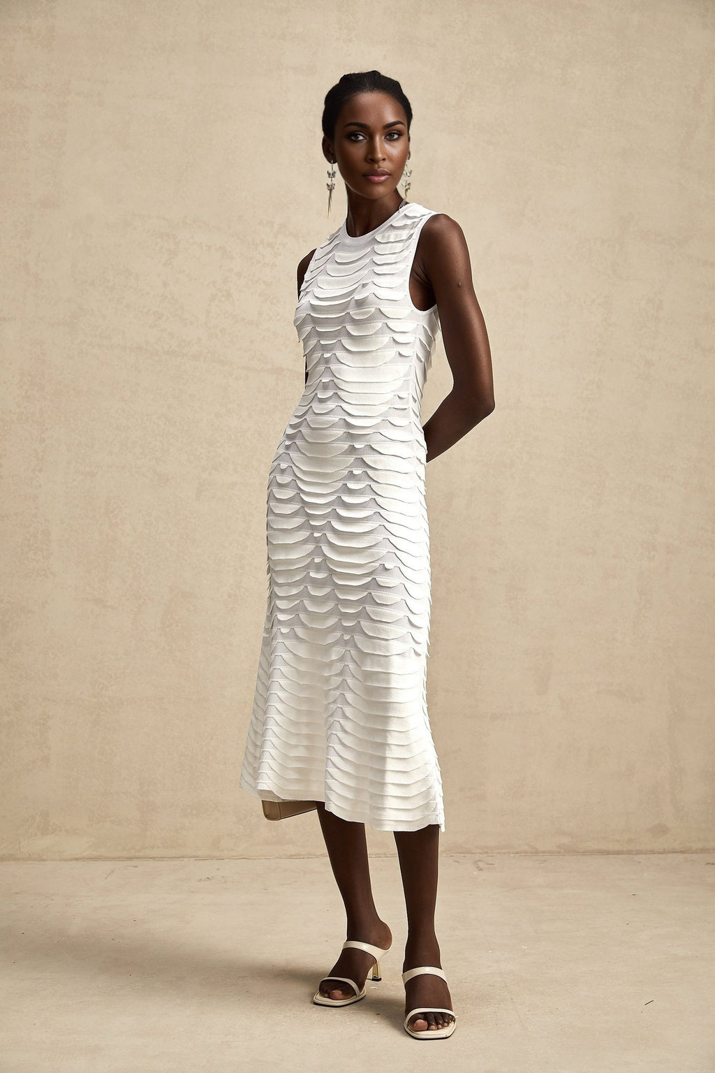 Carmen Midi Dress - Stretch Knit - Crew Neck - Sleeveless - Godet Design