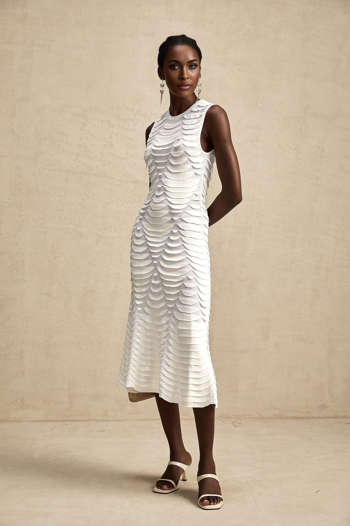 Carmen Midi Dress - Stretch Knit - Crew Neck - Sleeveless - Godet Design
