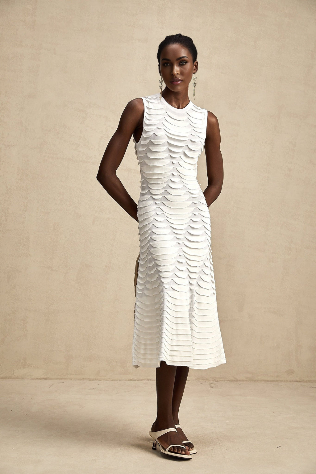 Carmen Midi Dress - Stretch Knit - Crew Neck - Sleeveless - Godet Design