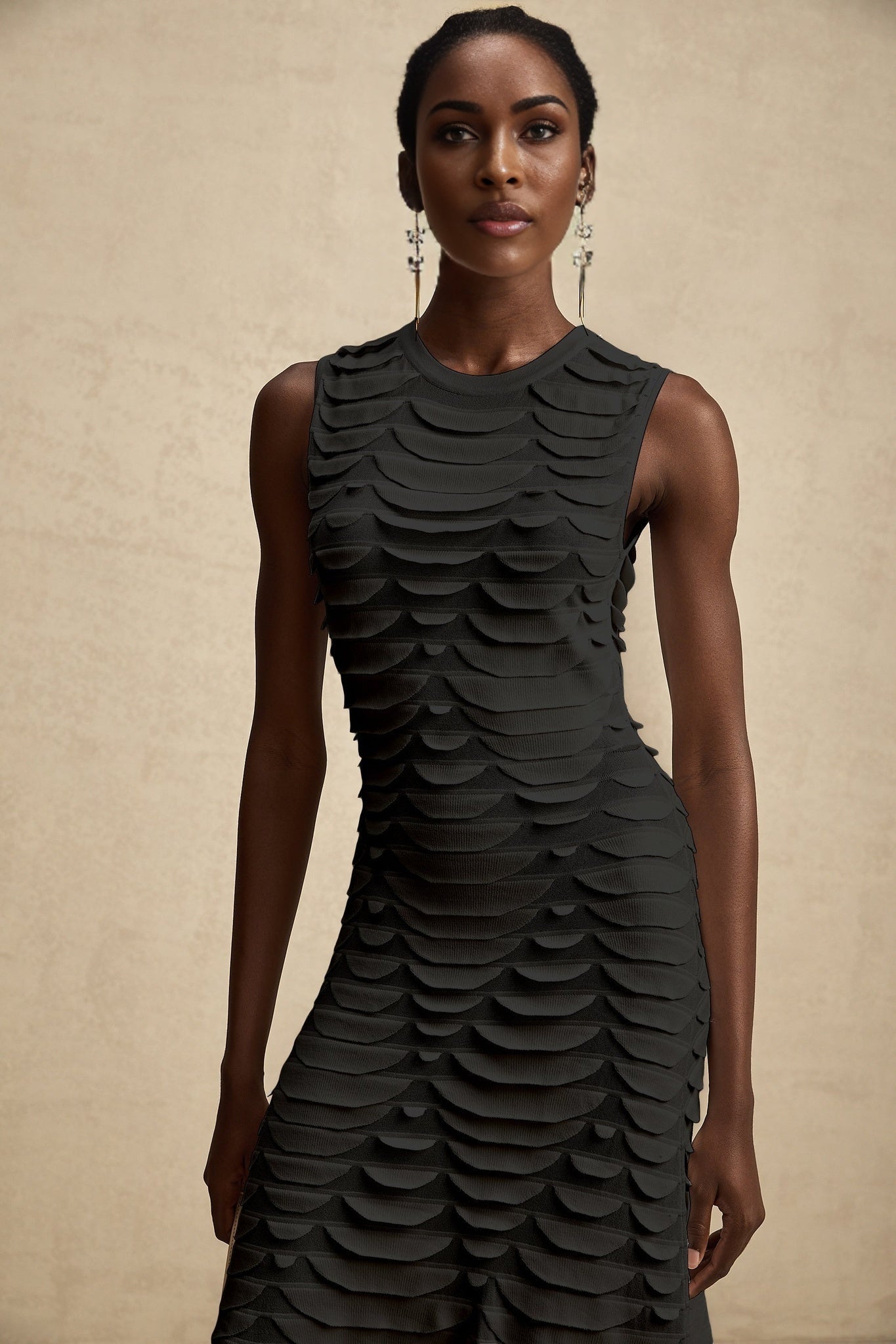Carmen Midi Dress - Stretch Knit - Crew Neck - Sleeveless - Godet Design