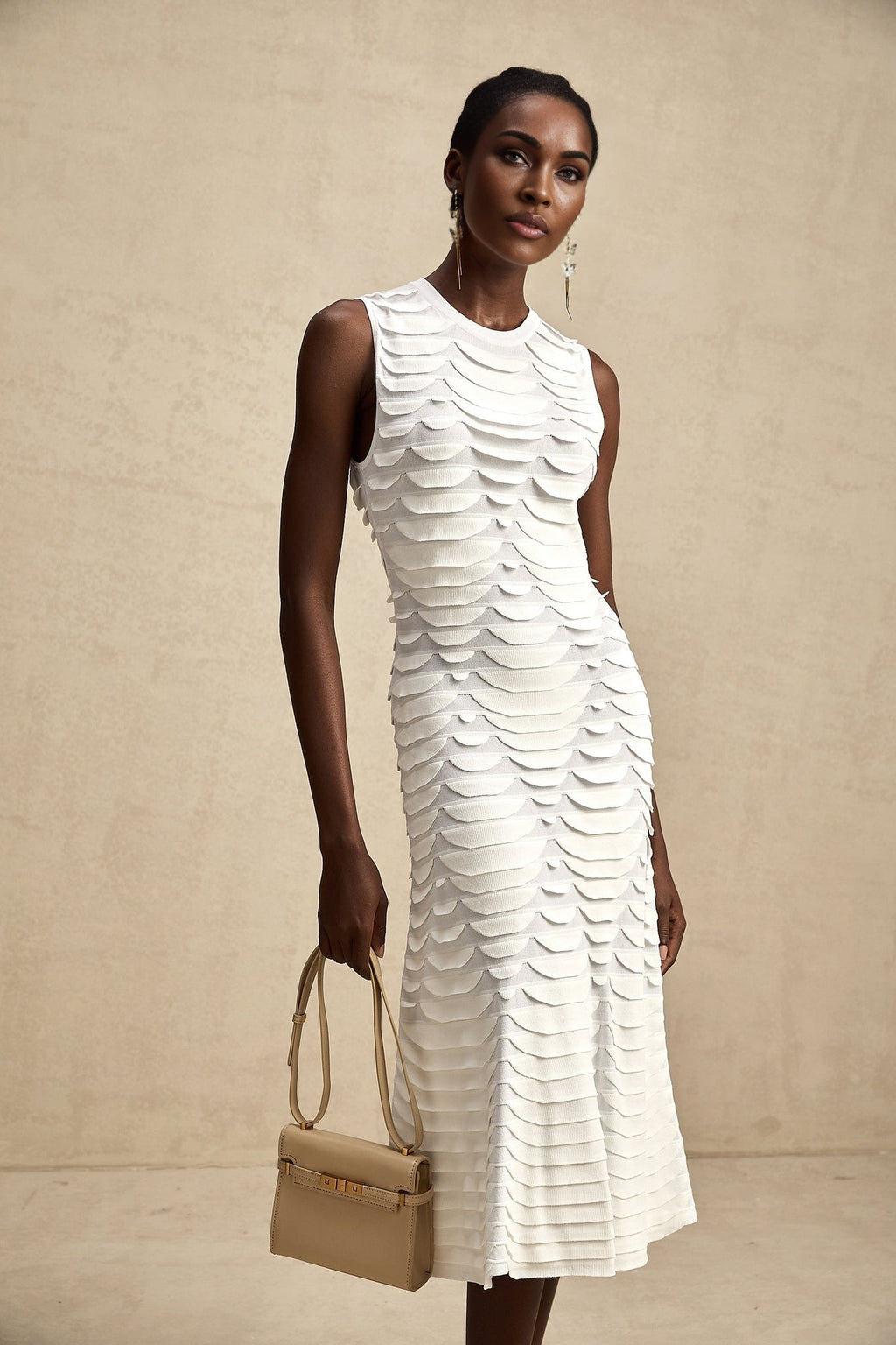 Carmen Midi Dress - Stretch Knit - Crew Neck - Sleeveless - Godet Design