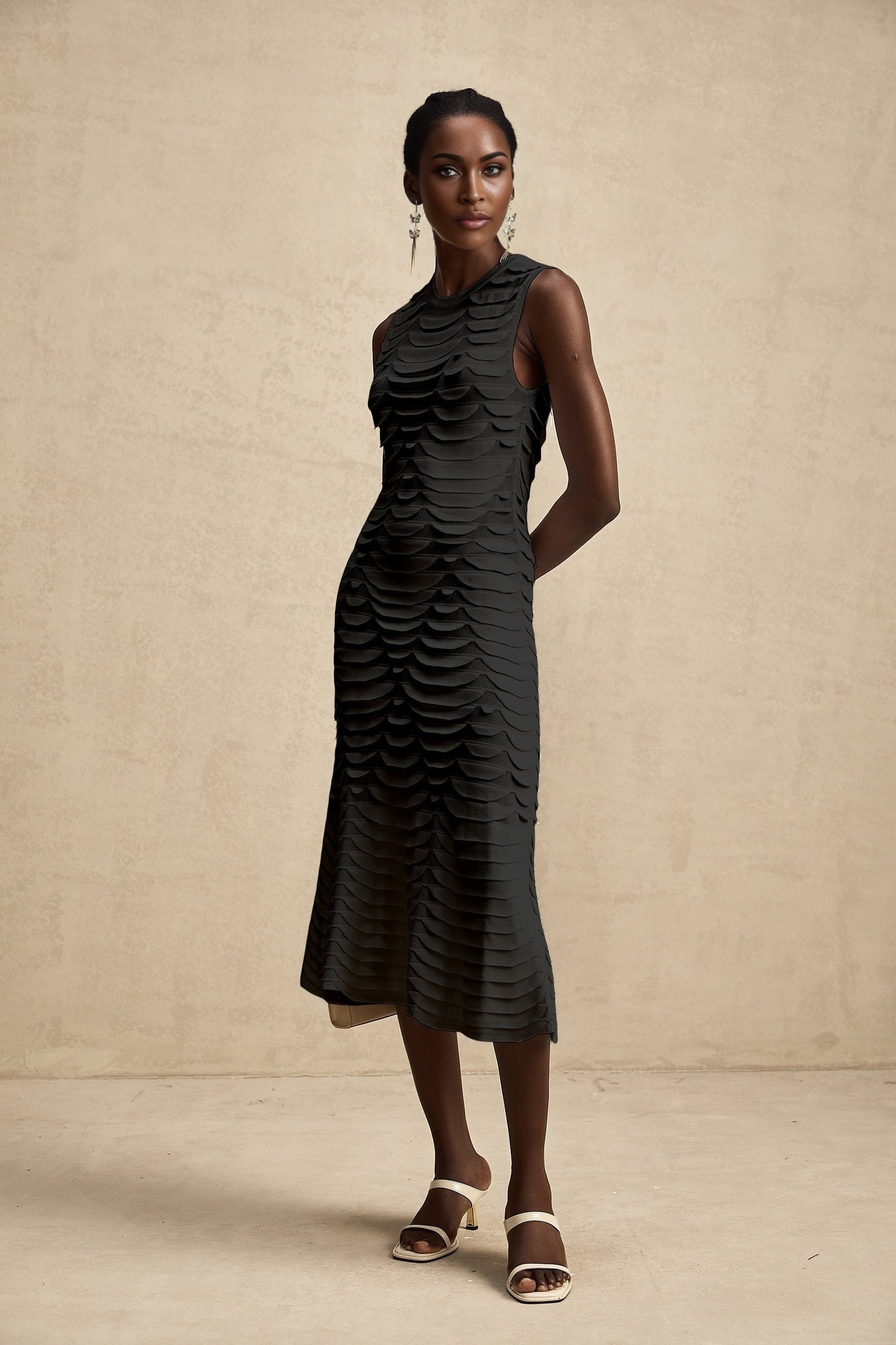 Carmen Midi Dress - Stretch Knit - Crew Neck - Sleeveless - Godet Design