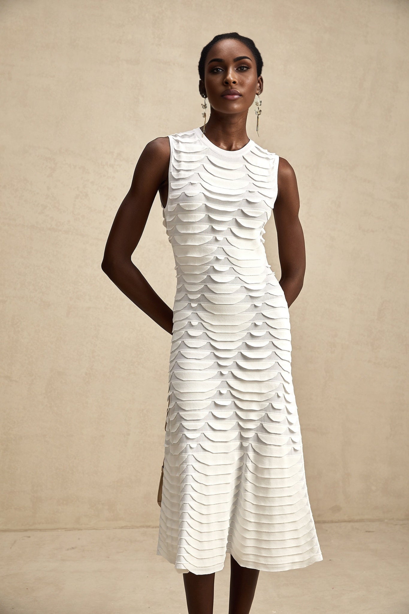 Carmen Midi Dress - Stretch Knit - Crew Neck - Sleeveless - Godet Design